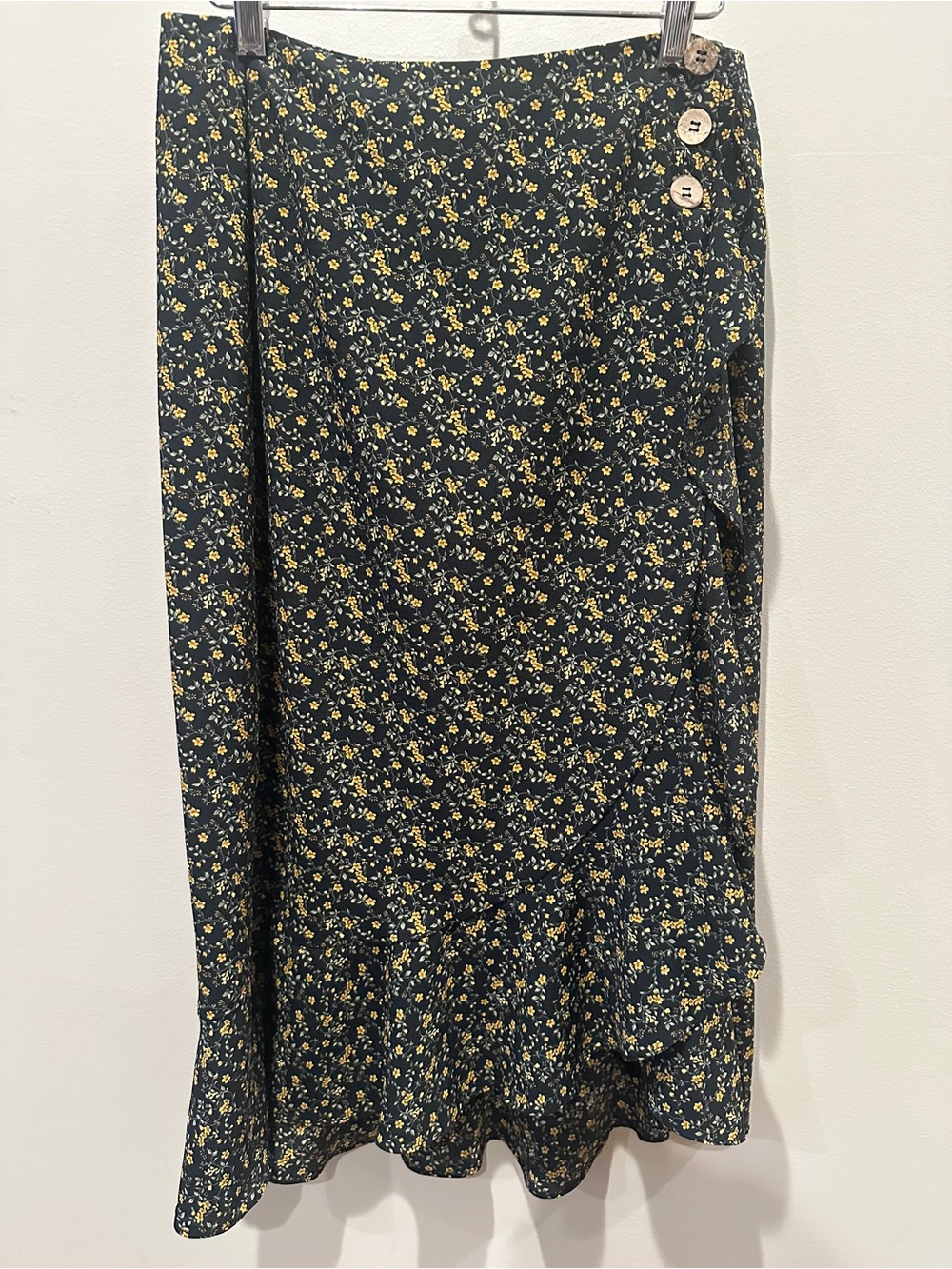 Floral Ruffle Hem Wrap Midi Skirt - Black with Yellow Floral